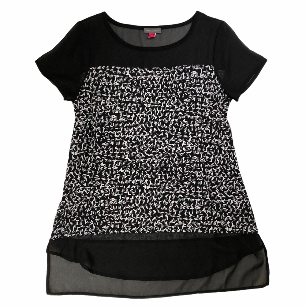 Vince Camuto Black Sheer and Print Tunic Top